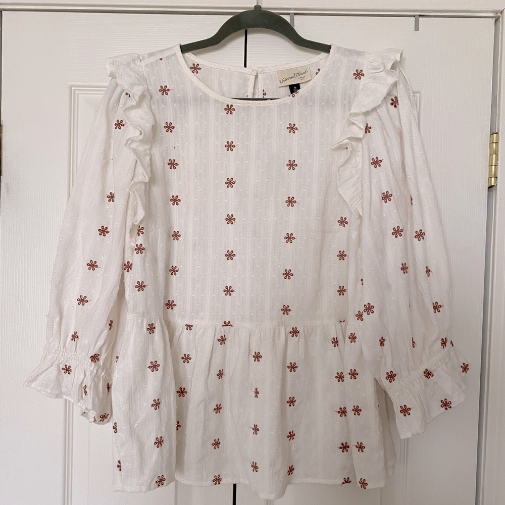 Universal Thread Floral Print Puff 3/4 Sleeve Embroidered Ruffle Top Size M
